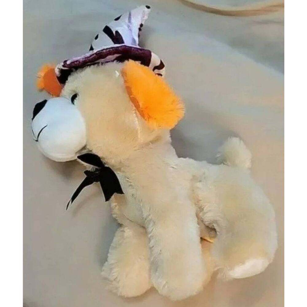 13" Tall Cream Fur Witch dog Plush with White and Purple Hat and Black N…